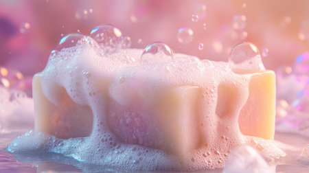 Soft, fluffy foam piled on a smooth soap bar, with bubbles glistening in a gentle close-up.の素材