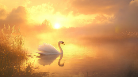 Swan on a misty lake at sunrise, its white feathers contrasting with the soft, warm light.の素材