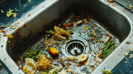 Unclean metal sink with debris-filled drain, bits of vegetable peels stuck around it.の素材