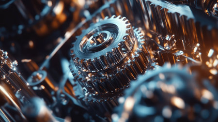 High-detail shot of metallic engine gear wheels meshing together, showcasing precision engineering.の素材