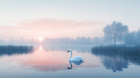 White swan gracefully swimming alone on a lake at dawn, soft pink and blue sky reflecting in the water.の素材