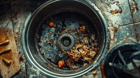 Top view of a dirty drain in a kitchen sink, greasy buildup and bits of food visible.の素材