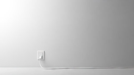 White wall outlet with a single plug inserted, cable leading to a nearby desk.の素材