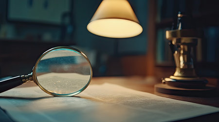 A magnifying glass focused on small print in a legal document, with a desk lamp casting a warm glowの素材