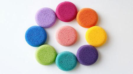 Assorted rainbow-colored makeup sponges arranged in a circular pattern on a white backgroundの素材