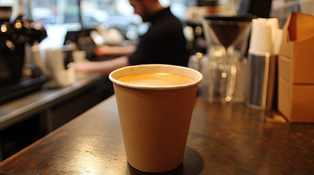 A paper cup of coffee on a caf counter, with the barista preparing orders in the backgroundの素材