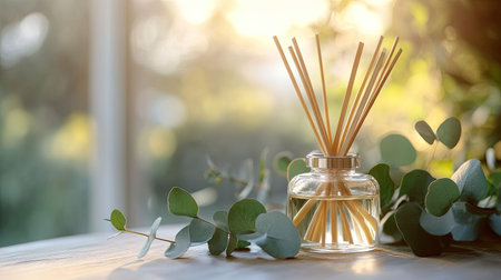 Bamboo stick air freshener bottle on a table with eucalyptus branches, soft natural lightの素材
