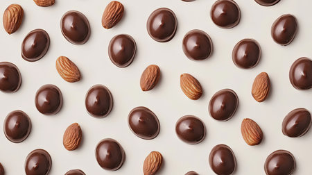 Array of chocolate-covered almonds and nuts, placed randomly on a light backgroundの素材