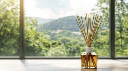 Air freshener bottle with bamboo sticks placed by a large window, with a view of nature outsideの素材