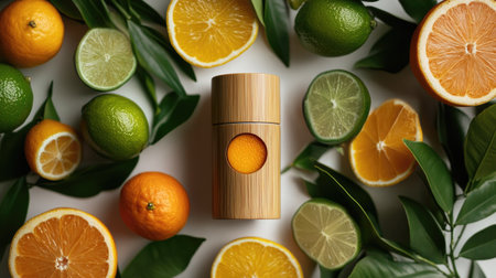 Bamboo air freshener bottle surrounded by fresh citrus fruits, creating a vibrant, natural vibeの素材