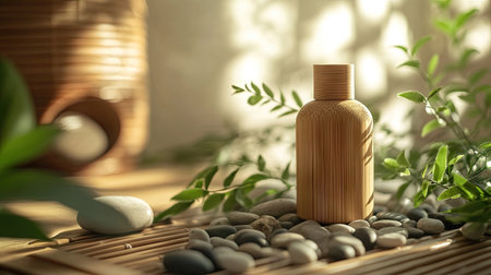 Bamboo air freshener bottle in a spa-like setting, with pebbles, greenery, and soft lightの素材