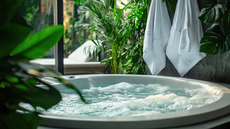 Bathrobes hanging near a whirlpool filled with bubbling water, soft towels and plants adding to the ambianceの素材