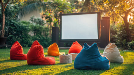 Cheerful bean bags and a white projector screen set up on a lush green lawn in an open-air cinemaの素材