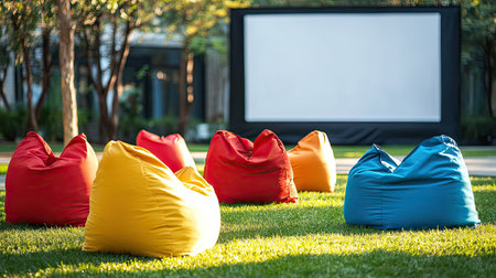 Bright bean bags in various colors arranged on green grass, facing an empty outdoor movie screenの素材