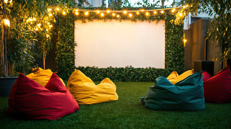 Bean bags in shades of red, yellow, and green on green grass, with string lights framing the screenの素材