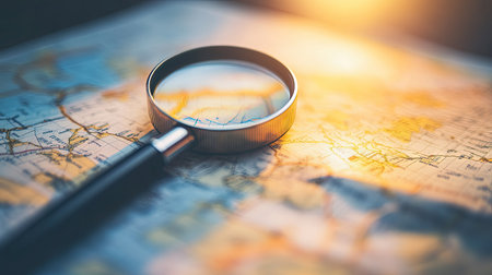 Close-up of a magnifying glass focusing on a detailed map, with warm sunlight illuminating the sceneの素材