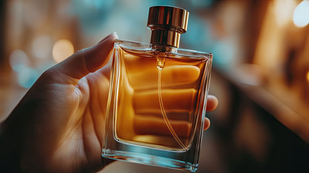 Close-up of a hand holding a luxury perfume bottle, spraying a fine mist into the air, with soft focus and warm lightingの素材