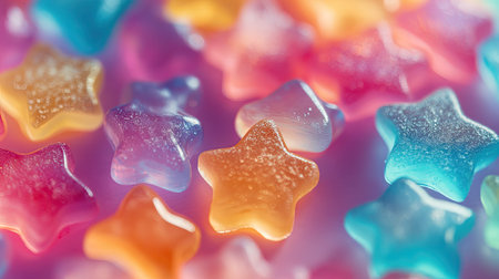 Colorful jelly candies in shapes like stars and hearts, displayed in an aesthetic layoutの素材