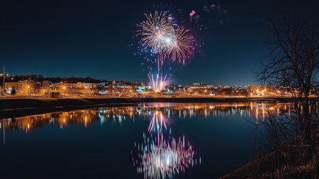 Colorful fireworks burst over a calm cityscape, reflecting on a nearby lake under the night skyの素材