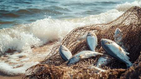 Fish drying on nets in the open air, gentle waves rolling onto the beach in the backgroundの素材