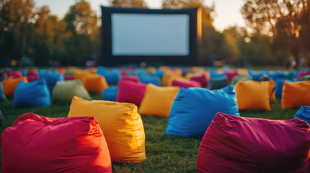 Close-up of colorful bean bags in neat rows, facing a movie screen in a cozy open fieldの素材