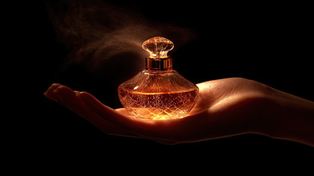 Elegant hand holding luxury perfume, spraying fragrance mist that glows in warm lightの素材