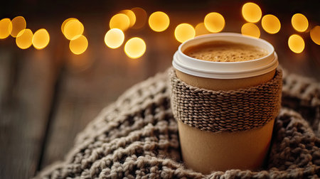 Coffee in a paper cup with a cozy knitted sleeve, set against a blurred background of warm lightsの素材