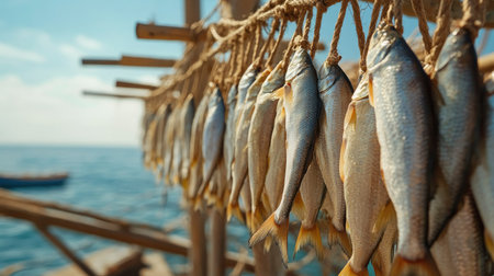 Close-up of fish drying on ropes strung along the coast, with the ocean horizon in the distanceの素材