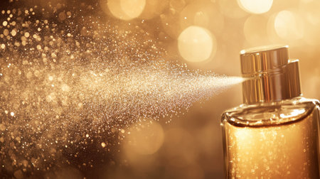 Close-up of perfume spray nozzle mid-spray, creating a cloud of fine droplets in soft golden lightの素材