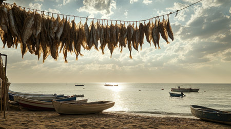 Dried fish hanging from ropes on a beach under a bright sky, with small boats anchored offshoreの素材