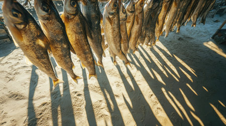 Fish hanging to dry in the sea breeze, sunlight creating shadows on the sand belowの素材