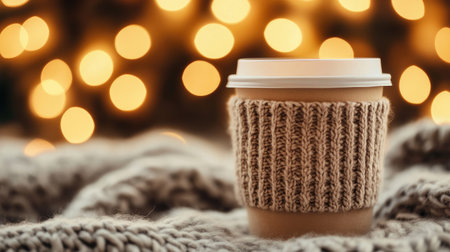 Coffee in a paper cup with a cozy knitted sleeve, set against a blurred background of warm lightsの素材