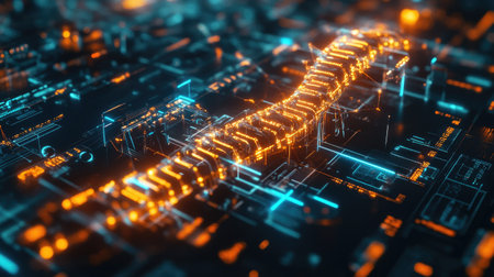 DNA strand glowing with a futuristic digital interface overlay, symbolizing genetic engineering and technology advancementsの素材