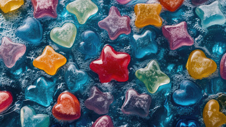 Colorful jelly candies in shapes like stars and hearts, displayed in an aesthetic layoutの素材