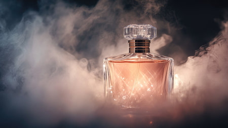Close-up of luxury perfume mist forming a delicate cloud, with light shining through fine dropletsの素材