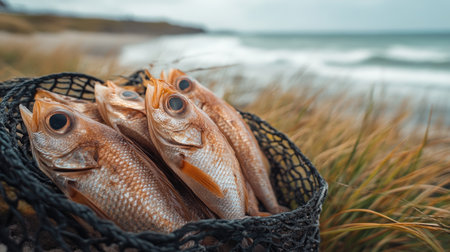 Fish drying on a net, with beach grass and ocean waves visible behind themの素材