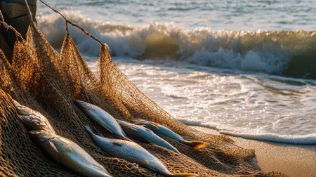 Fish drying on nets in the open air, gentle waves rolling onto the beach in the backgroundの素材