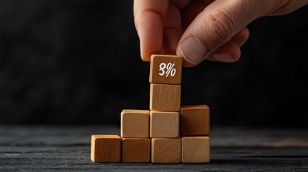 Hand placing a wooden cube with a percent sign onto a growing stack, representing interest or growthの素材