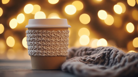 Coffee in a paper cup with a cozy knitted sleeve, set against a blurred background of warm lightsの素材