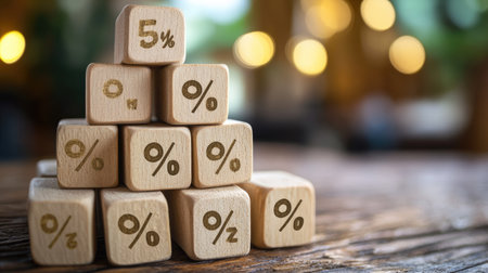 Close-up of wooden cubes with percent signs, stacked in a pyramid on a wooden table, representing financial growthの素材