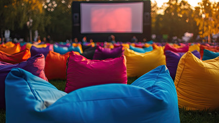 Close-up of colorful bean bags in neat rows, facing a movie screen in a cozy open fieldの素材