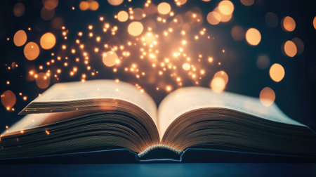 Open book lying on a dark background with a soft beam of light highlighting its pagesの素材