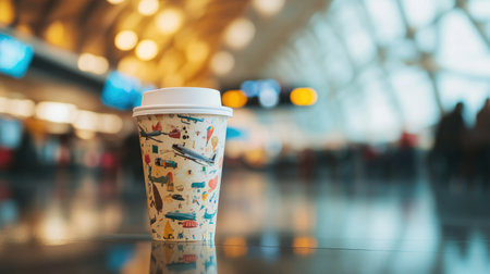 Paper cup of coffee with a travel-themed design, against the backdrop of an airport terminalの素材