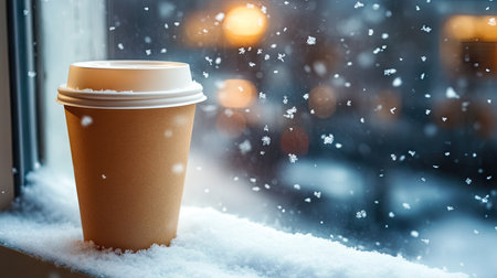 Paper coffee cup on a windowsill, with snow falling outside, creating a warm and cozy winter sceneの素材