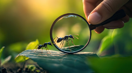 Hand holding a magnifying glass to a small ant crawling on a leaf, set against a natural backgroundの素材