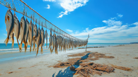 Fish drying on ropes strung along a sandy beach, with bright blue sky and distant wavesの素材