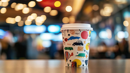 Paper cup of coffee with a travel-themed design, against the backdrop of an airport terminalの素材