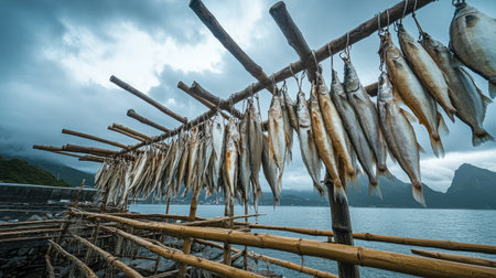 Fish hanging to dry in the sea breeze on a coastal rack, with dramatic clouds overheadの素材