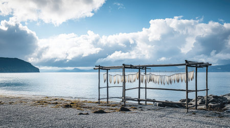 Fish drying on wooden frames set up along a quiet beach, clouds drifting over the oceanの素材