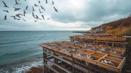 Fish drying on wooden frames along the shore, seagulls flying overhead and ocean in the backgroundの素材